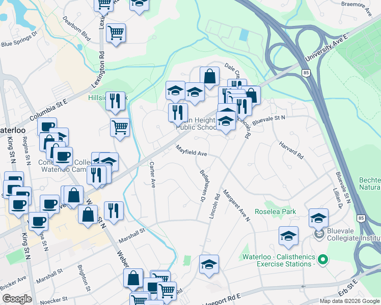 map of restaurants, bars, coffee shops, grocery stores, and more near 221 Mayfield Avenue in Waterloo