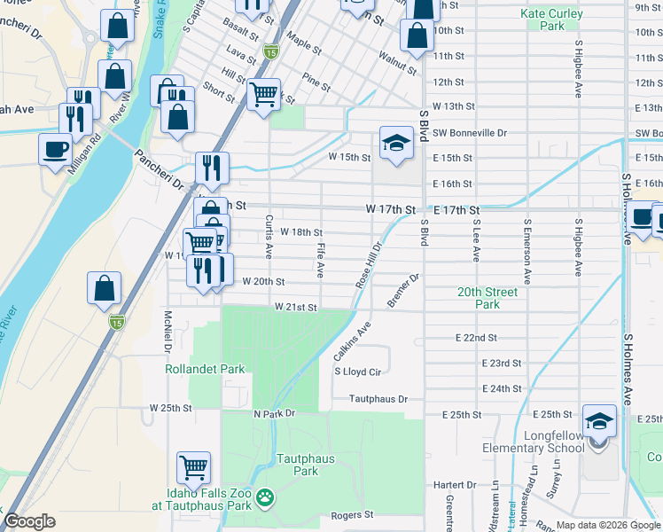 map of restaurants, bars, coffee shops, grocery stores, and more near 275 West 19th Street in Idaho Falls