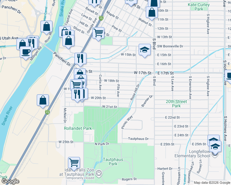 map of restaurants, bars, coffee shops, grocery stores, and more near 319 West 19th Street in Idaho Falls