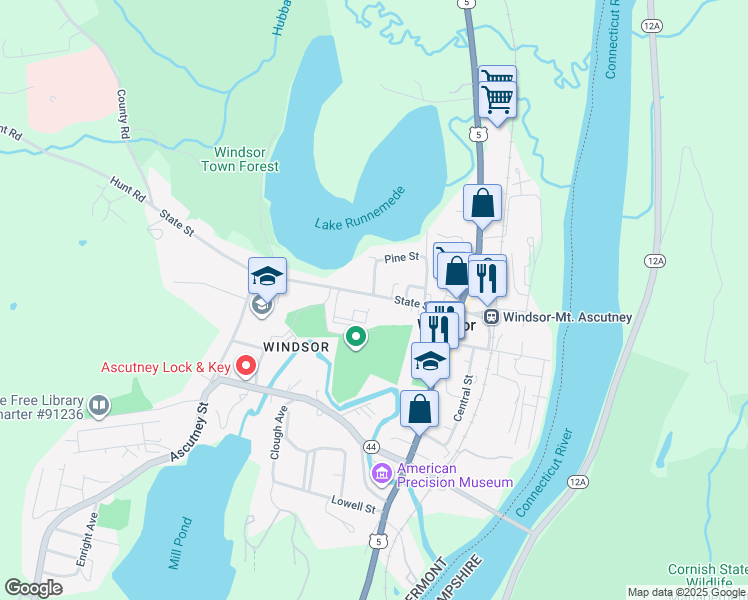 map of restaurants, bars, coffee shops, grocery stores, and more near 65 State Street in Windsor