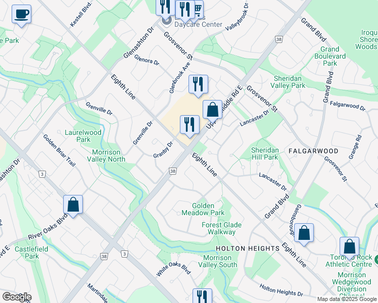 map of restaurants, bars, coffee shops, grocery stores, and more near Upper Middle Road East & Eighth Line in Oakville