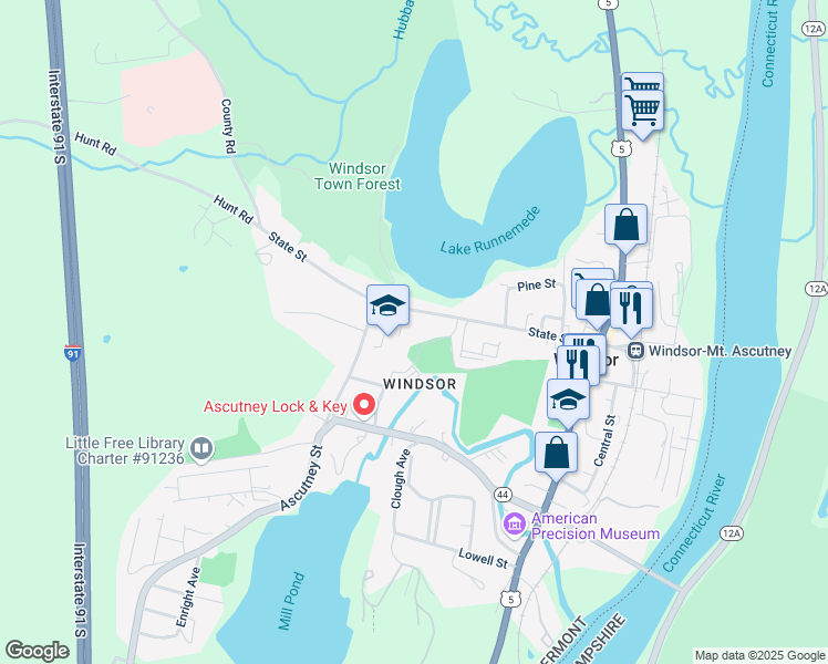 map of restaurants, bars, coffee shops, grocery stores, and more near 115 1/2 State St in Windsor