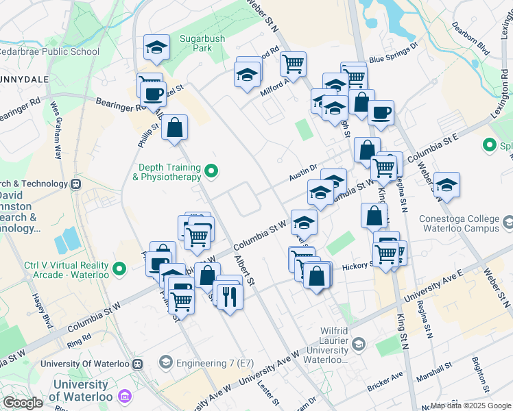 map of restaurants, bars, coffee shops, grocery stores, and more near 43 Cardill Crescent in Waterloo