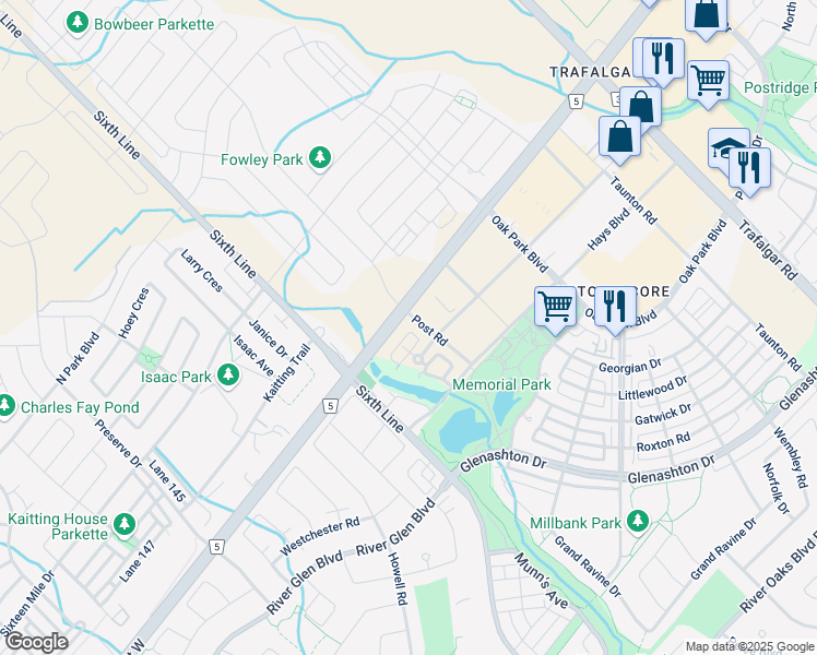 map of restaurants, bars, coffee shops, grocery stores, and more near 2500 Post Road in Oakville