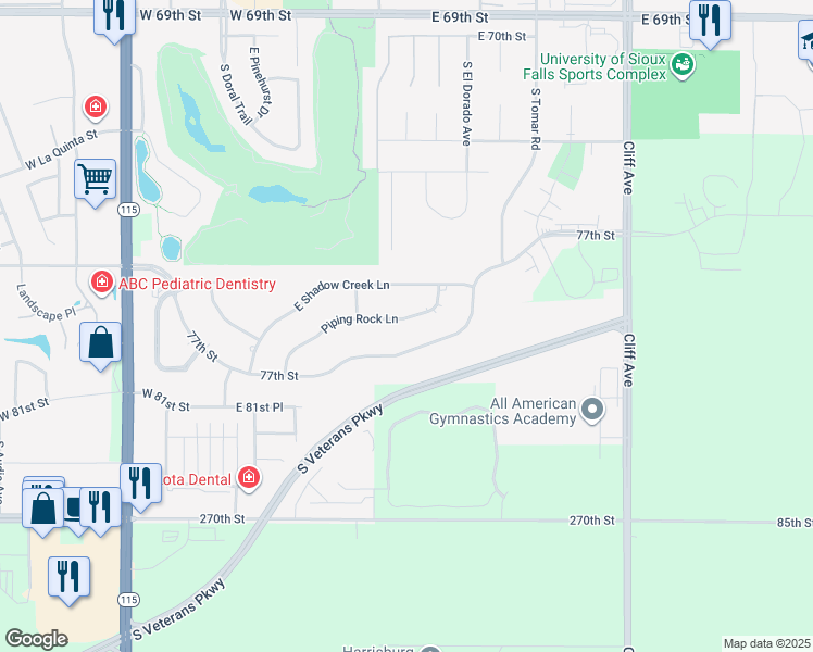 map of restaurants, bars, coffee shops, grocery stores, and more near 1001 East 77th Street in Sioux Falls