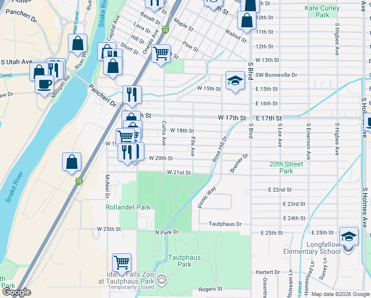 map of restaurants, bars, coffee shops, grocery stores, and more near 319 West 19th Street in Idaho Falls