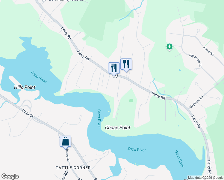 map of restaurants, bars, coffee shops, grocery stores, and more near 295 Ferry Road in Saco