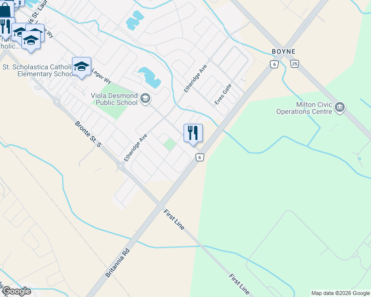 map of restaurants, bars, coffee shops, grocery stores, and more near 1669 Sorensen Court in Milton
