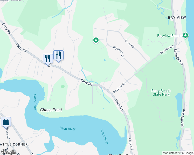 map of restaurants, bars, coffee shops, grocery stores, and more near 396 Ferry Road in Saco