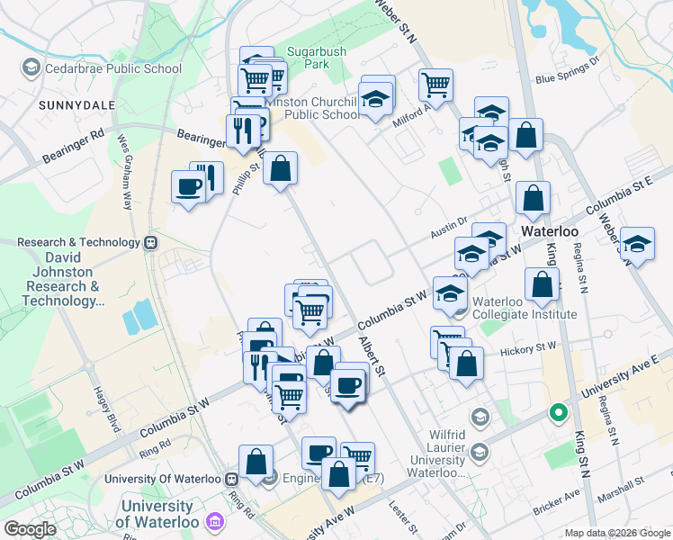 map of restaurants, bars, coffee shops, grocery stores, and more near 392 Albert Street in Waterloo
