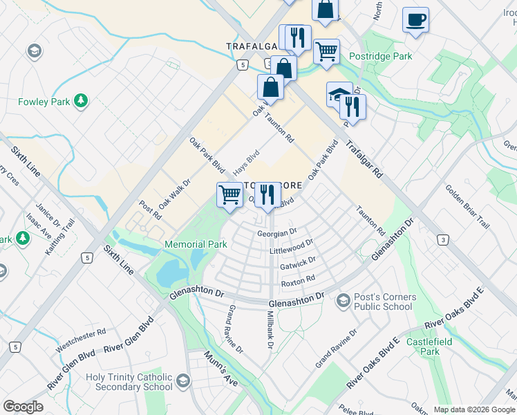 map of restaurants, bars, coffee shops, grocery stores, and more near 150 Oak Park Boulevard in Oakville