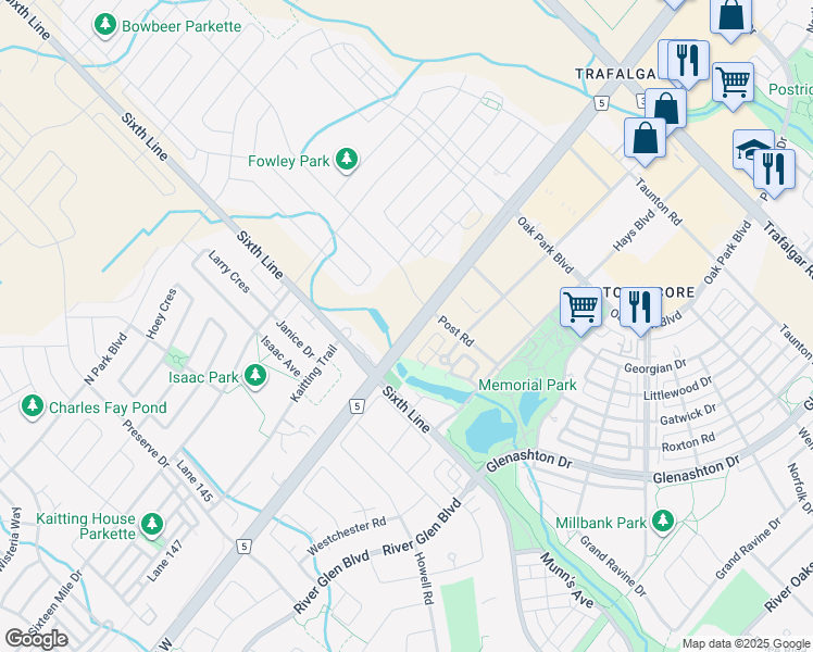 map of restaurants, bars, coffee shops, grocery stores, and more near 41 Dundas Street East in Oakville