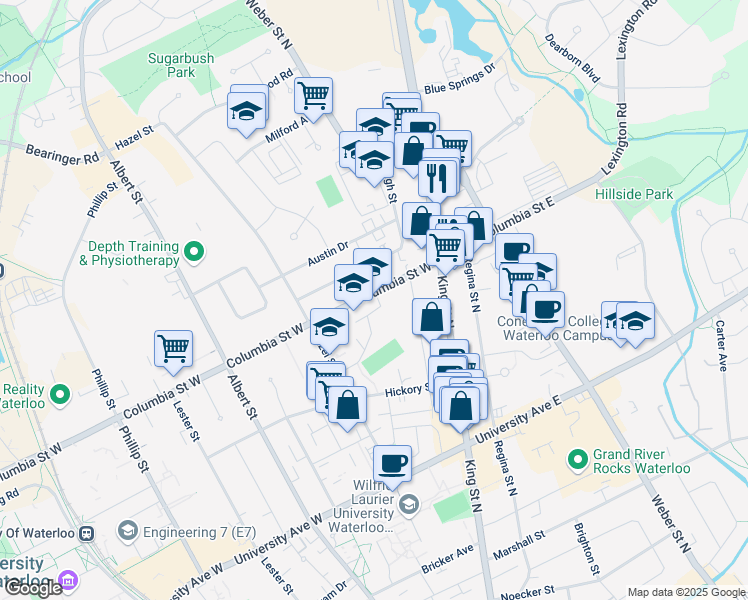 map of restaurants, bars, coffee shops, grocery stores, and more near 33 Columbia Street West in Waterloo