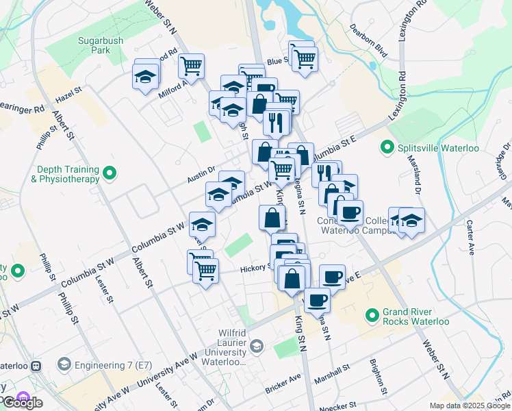 map of restaurants, bars, coffee shops, grocery stores, and more near 345 Spruce Street in Waterloo
