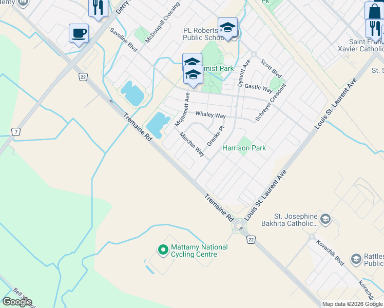 map of restaurants, bars, coffee shops, grocery stores, and more near 924 Minchin Way in Milton