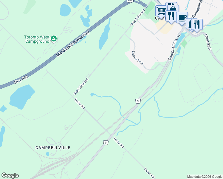 map of restaurants, bars, coffee shops, grocery stores, and more near 2457 Campbell Avenue West in Milton
