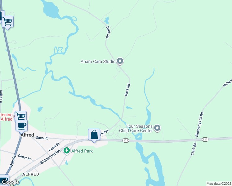 map of restaurants, bars, coffee shops, grocery stores, and more near 90 Back Road in Alfred