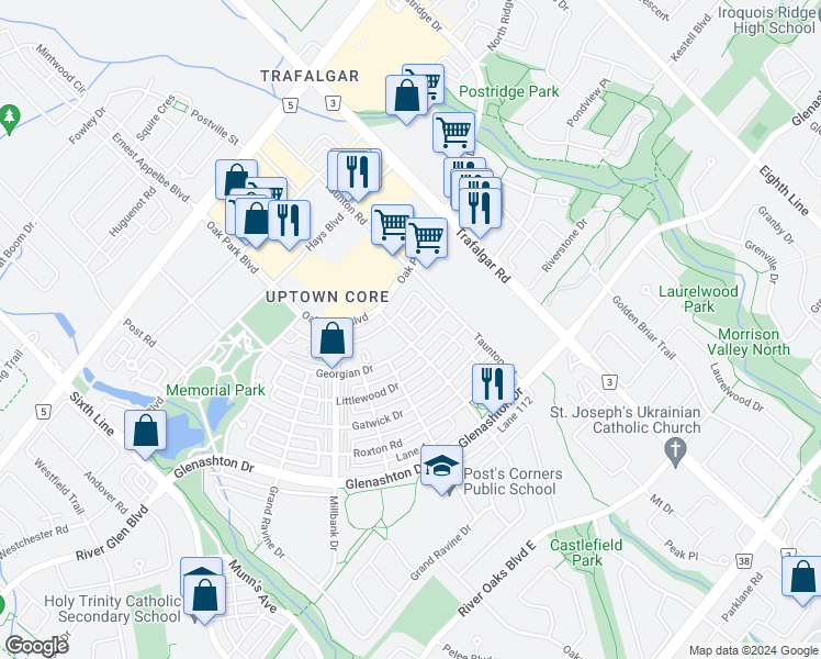 map of restaurants, bars, coffee shops, grocery stores, and more near 2333 Sawgrass Drive in Oakville