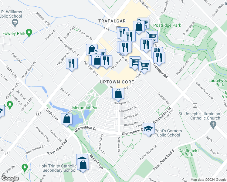 map of restaurants, bars, coffee shops, grocery stores, and more near in Oakville