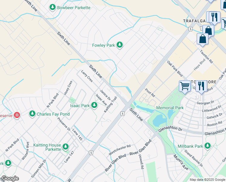 map of restaurants, bars, coffee shops, grocery stores, and more near 3048 Sixth Line in Oakville