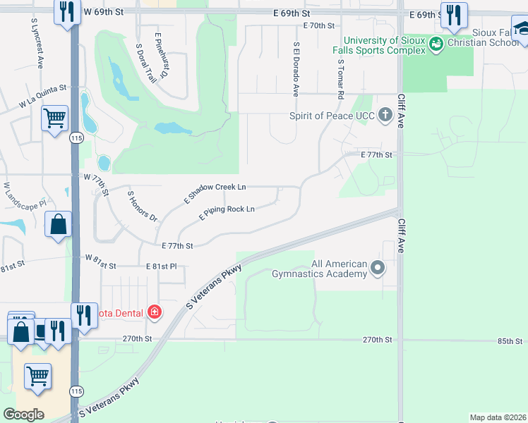 map of restaurants, bars, coffee shops, grocery stores, and more near 1001 East 77th Street in Sioux Falls