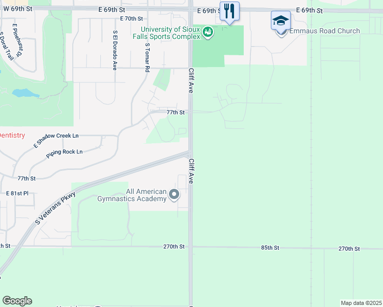 map of restaurants, bars, coffee shops, grocery stores, and more near County Highway 123 in Sioux Falls