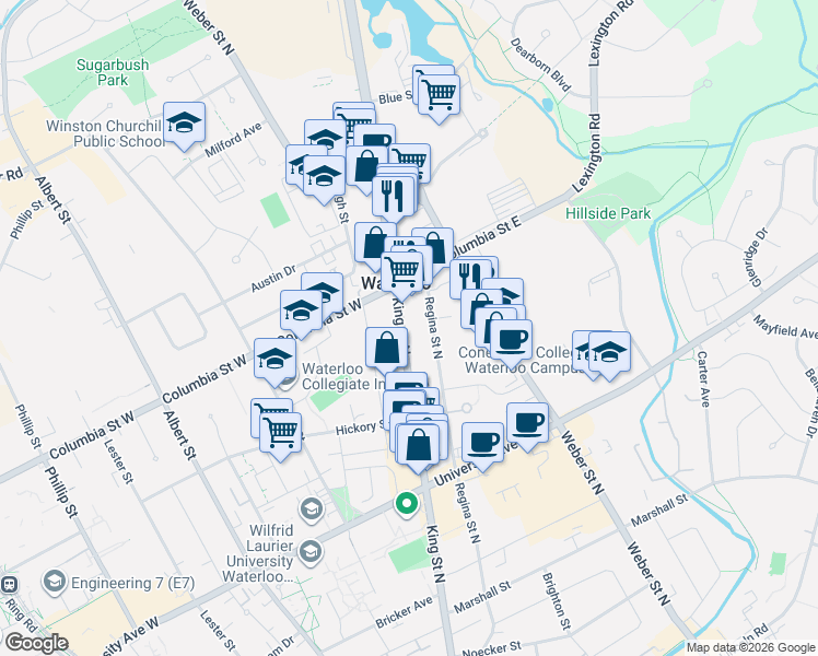 map of restaurants, bars, coffee shops, grocery stores, and more near 342 King Street North in Waterloo