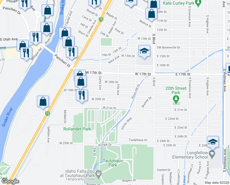 map of restaurants, bars, coffee shops, grocery stores, and more near 315 West 19th Street in Idaho Falls