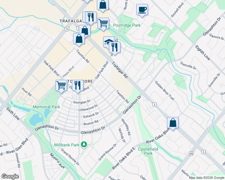 map of restaurants, bars, coffee shops, grocery stores, and more near 275 Littlewood Drive in Oakville