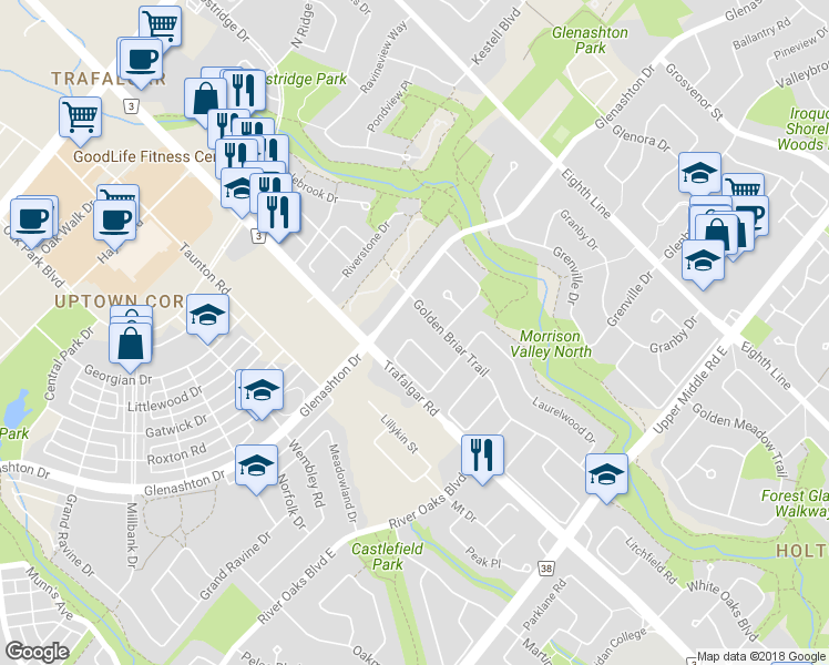 map of restaurants, bars, coffee shops, grocery stores, and more near 272 Hickory Circle in Oakville