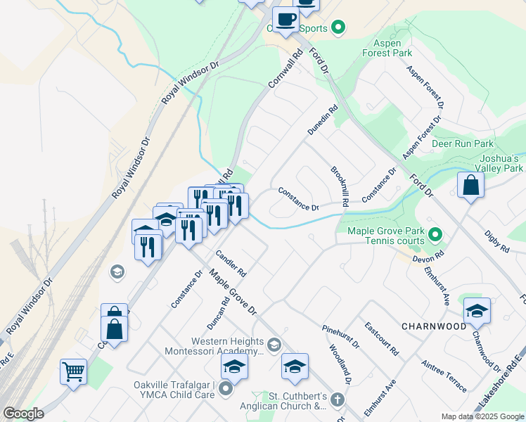 map of restaurants, bars, coffee shops, grocery stores, and more near 470 Carlton Drive in Oakville