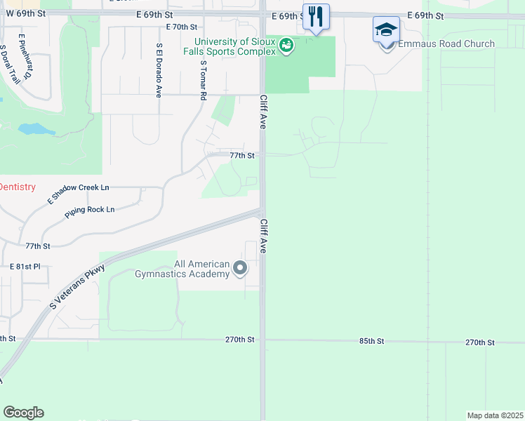 map of restaurants, bars, coffee shops, grocery stores, and more near County Highway 123 in Sioux Falls