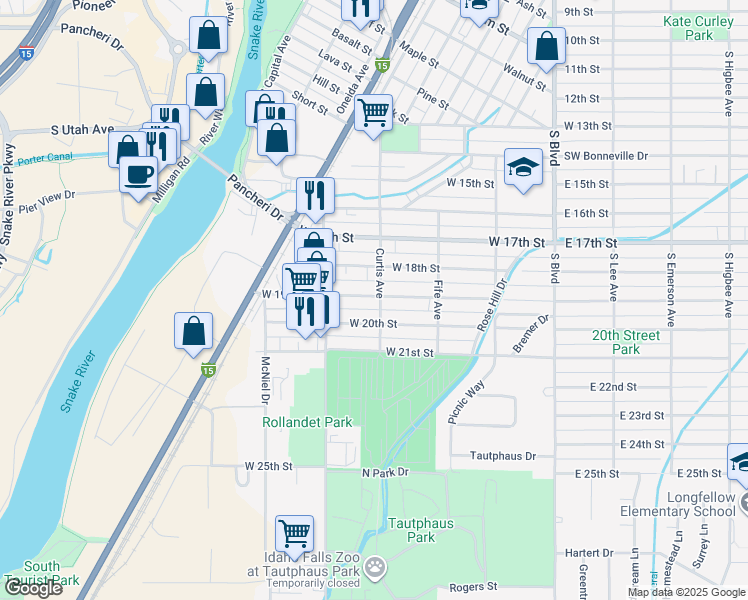 map of restaurants, bars, coffee shops, grocery stores, and more near 1902 Curtis Avenue in Idaho Falls