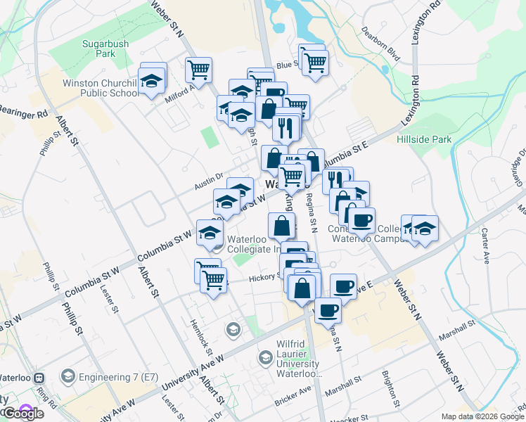 map of restaurants, bars, coffee shops, grocery stores, and more near 347 Spruce Street in Waterloo