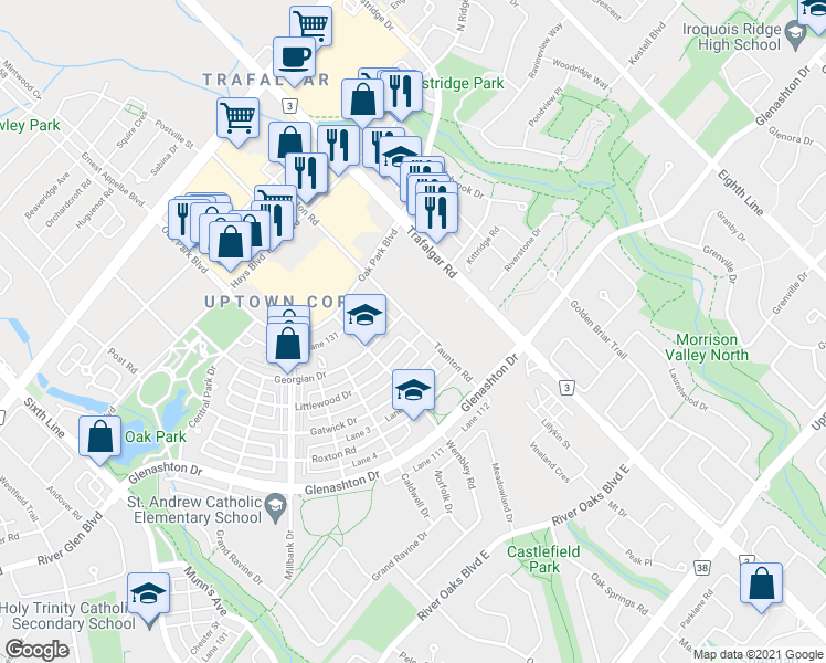 map of restaurants, bars, coffee shops, grocery stores, and more near 255 Lane 127 in Oakville