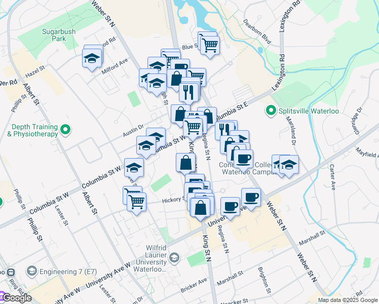 map of restaurants, bars, coffee shops, grocery stores, and more near in Waterloo