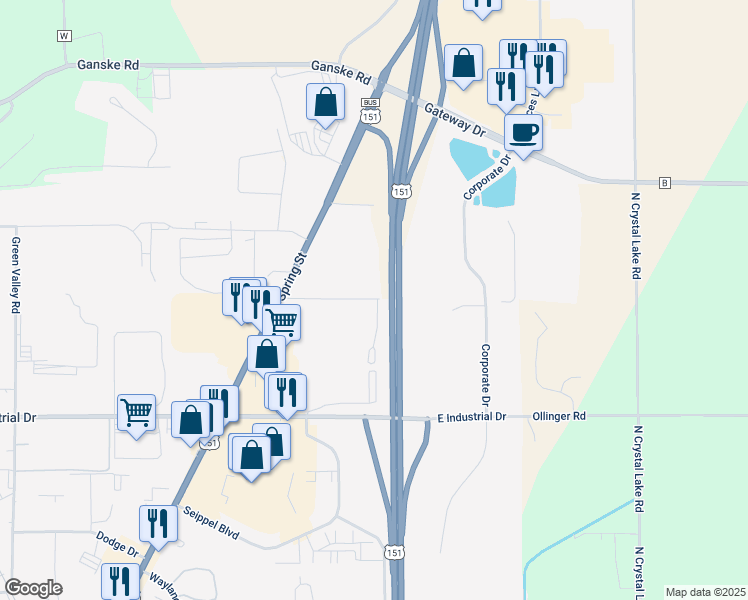 map of restaurants, bars, coffee shops, grocery stores, and more near 117 Knaup Drive in Beaver Dam