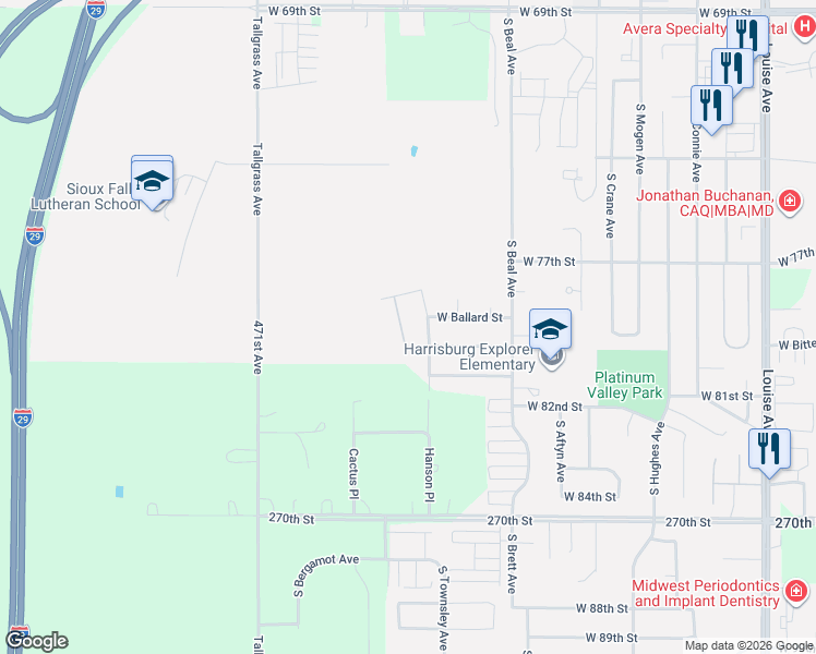 map of restaurants, bars, coffee shops, grocery stores, and more near 7119 Hanson Avenue in Sioux Falls
