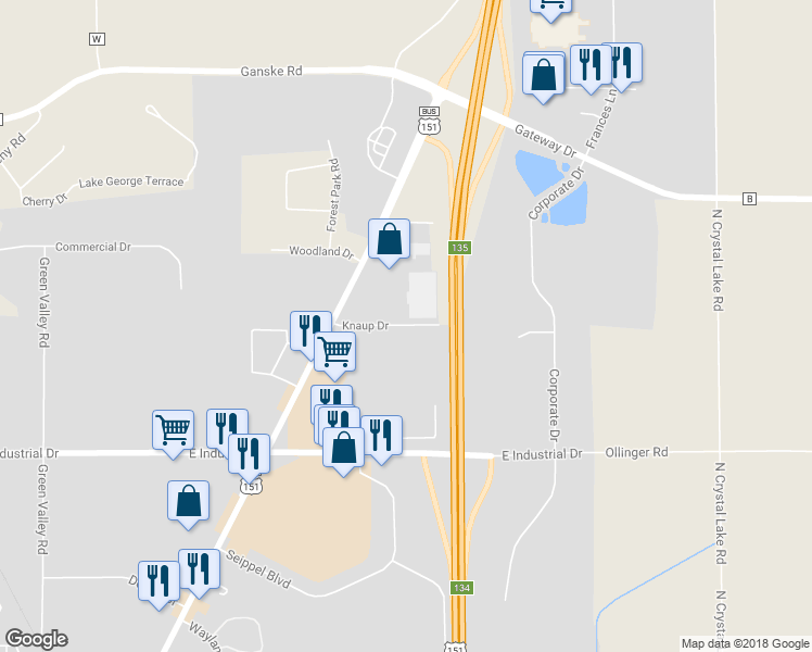 map of restaurants, bars, coffee shops, grocery stores, and more near 119 Knaup Drive in Beaver Dam