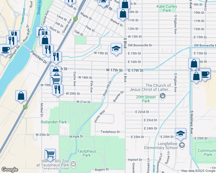map of restaurants, bars, coffee shops, grocery stores, and more near Rose Hill Drive in Idaho Falls