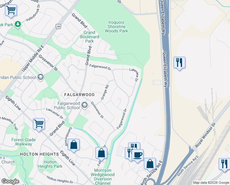 map of restaurants, bars, coffee shops, grocery stores, and more near 1281 Landfair Crescent in Oakville