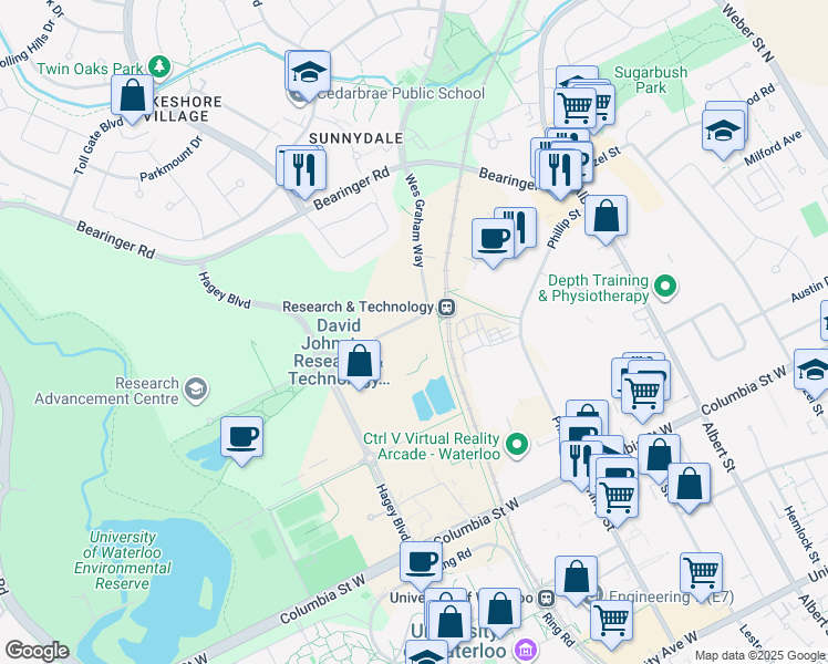 map of restaurants, bars, coffee shops, grocery stores, and more near 420 Wes Graham Way in Waterloo