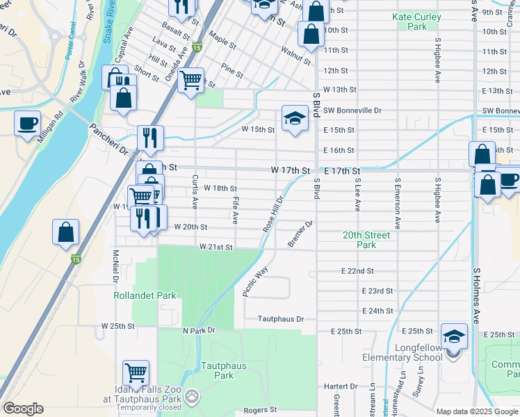 map of restaurants, bars, coffee shops, grocery stores, and more near Rose Hill Drive in Idaho Falls