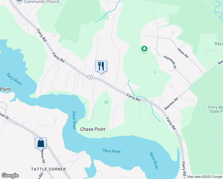 map of restaurants, bars, coffee shops, grocery stores, and more near 335 Ferry Road in Saco