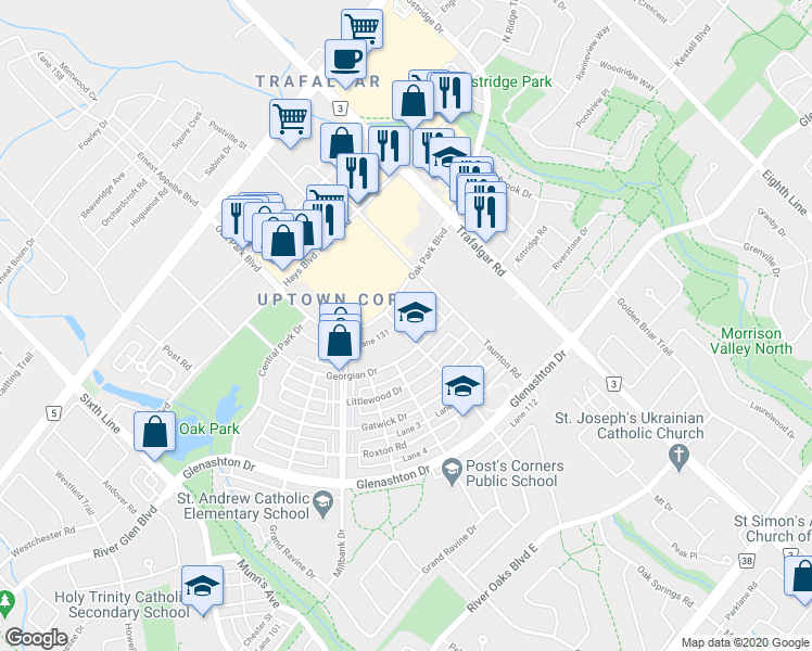 map of restaurants, bars, coffee shops, grocery stores, and more near 2333 Sawgrass Drive in Oakville