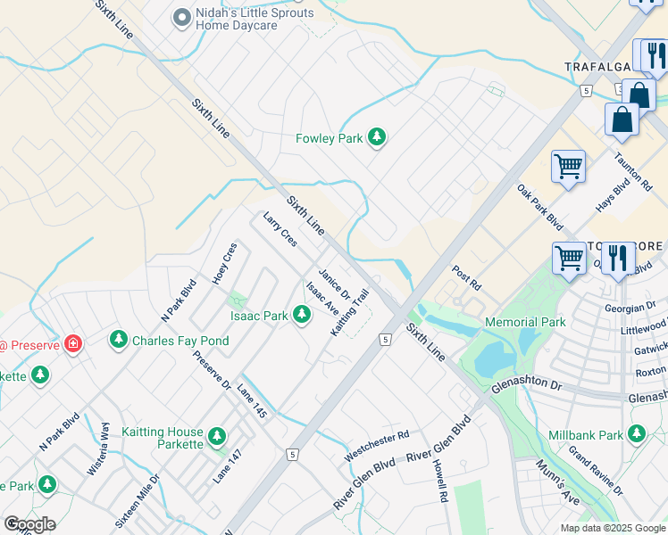 map of restaurants, bars, coffee shops, grocery stores, and more near 3069 Janice Drive in Oakville