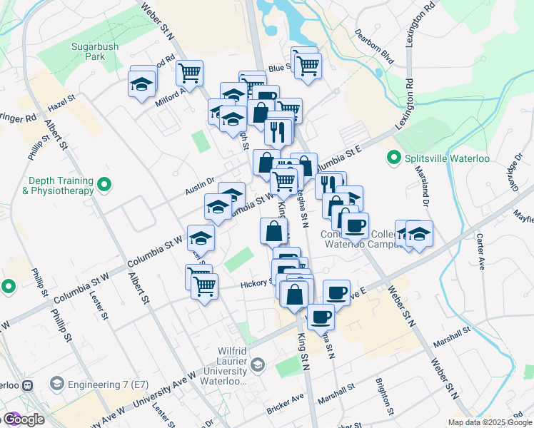 map of restaurants, bars, coffee shops, grocery stores, and more near 341 Spruce Street in Waterloo
