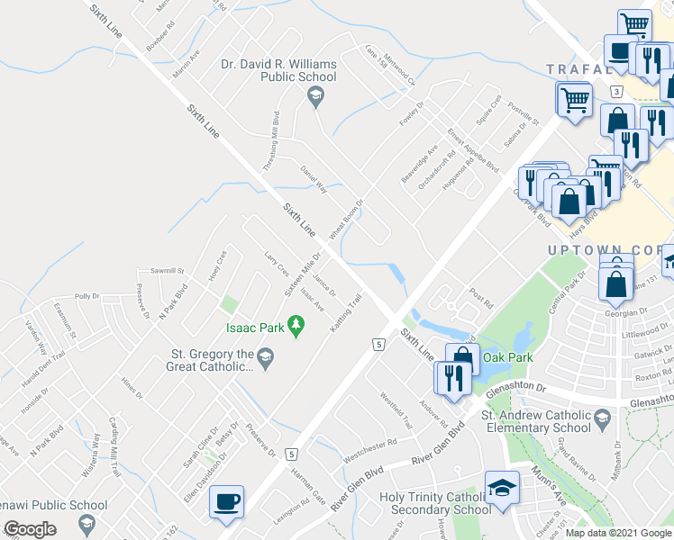 map of restaurants, bars, coffee shops, grocery stores, and more near 3072 Sixth Line in Oakville