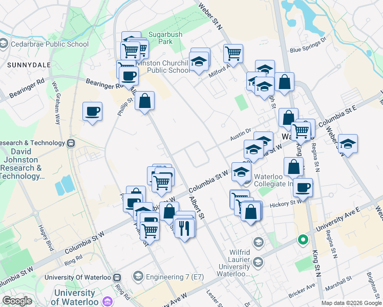 map of restaurants, bars, coffee shops, grocery stores, and more near in Waterloo