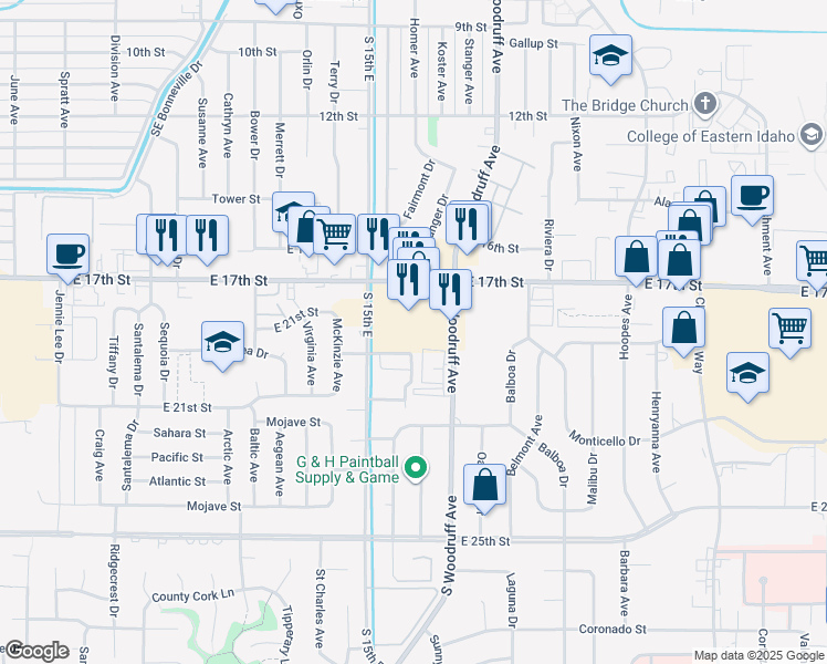 map of restaurants, bars, coffee shops, grocery stores, and more near 1592 East 17th Street in Idaho Falls